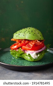 Keto Paleo Diet Avocado Burger With Bacon, Lettuce, Tomato