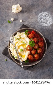 Keto Paleo Diet Lunch Mashed Cauliflower With Meatballs