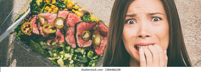 Keto paleo diet scared Asian woman of the negative effects of weight loss food eating salad of beef meat. Funny face girl worried of unhealthy take out eat.