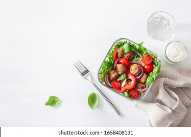 Keto Paleo Lunch Box With Meatballs, Lettuce, Tomato, Cucumber, Bell Pepper