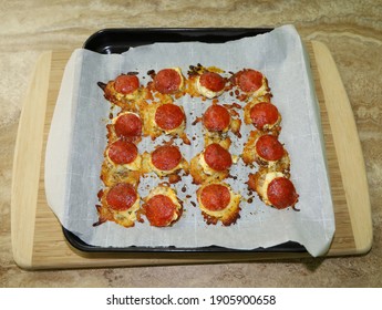 Keto Pizza Pepperoni Bites With No Crust Made With Pepperoni, Cream Cheese And Mozzarella Cheese.