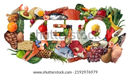 Keto symbol of food as a nutrition lifestyle and a ketogenic diet low carb and high fat eating as fish nuts eggs meat avocado and other healthy ingredients.