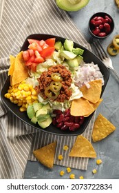 Keto Taco Ground Beef Salad  With Avocado, Tomato, Corn, Red Beans, Lettuce.