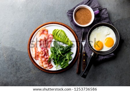 Ketogenic diet breakfast. fried egg, bacon and avocado, spinach and bulletproof coffee. Low carb high fat breakfast.