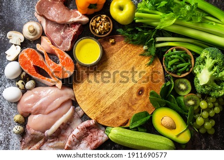 Ketogenic diet concept, ingredients for healthy food. Various balanced useful components healthy low carbohydrate foods. Copy space. Top view flat lay.