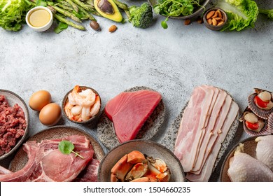 KETOGENIC DIET LOW CARB CONCEPT. Vegetarian And Animal Protein, Carb And Fat Sources. Healthy Food Background With Copy Space