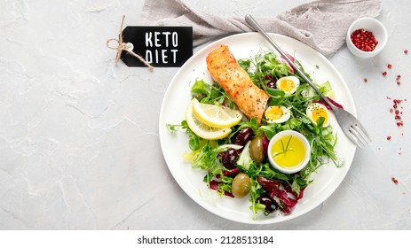 Ketogenic Diet Meals Assortment On Light Background. Healthy Eating Concept. Flat Lay, Top View, Copy Space