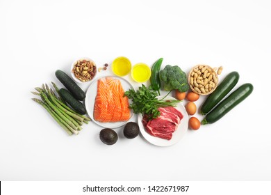 Ketogenic, Keto Diet, Including Vegetables, Meat And Fish, Nuts And Oil Isolated On White Background, Horizontal