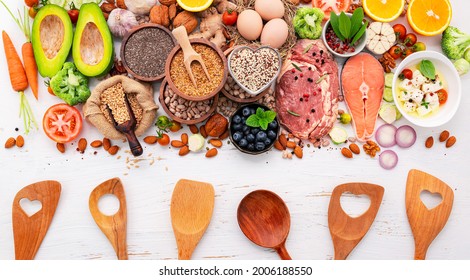Ketogenic low carbs diet concept. Ingredients for healthy foods selection set up on white wooden background. - Shutterstock ID 2006188550