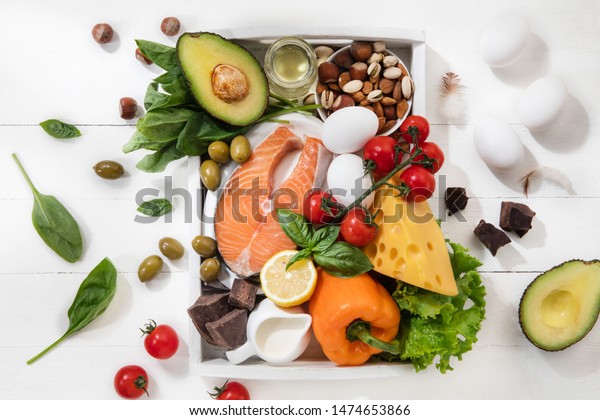 Ketogenic low carbs diet - food selection on\
white wooden background. Balanced healthy organic ingredients of\
high content of fats. Nutrition for the heart and blood vessels.\
Meat, fish and\
vegetables