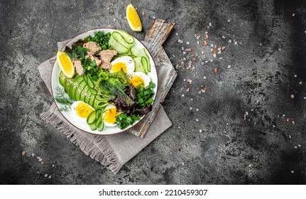 Ketogenic Low Carbs Diet, Plate With Keto Foods: Two Eggs, Avocado, Tuna, Cucumber And Fresh Salad. Healthy Fats, Clean Eating For Weight Loss. Top View.