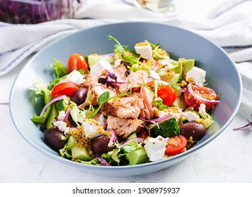 Ketogenic Lunch. Greek Salad With Grilled Salmon. Healthy Dinner. Keto, Paleo Diet.