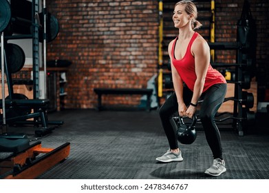 Kettle bell, woman and gym with smile from workout, weightlifting and training at wellness club. Squats, exercise and happy with strong, power and fitness for health with weights for healthy athlete - Powered by Shutterstock