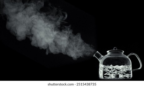 A kettle boiling water in it isolated on black background,smoke coming out of it. - Powered by Shutterstock