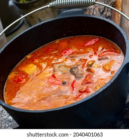 Kettle Goulash Is Prepared Over An Open Fire