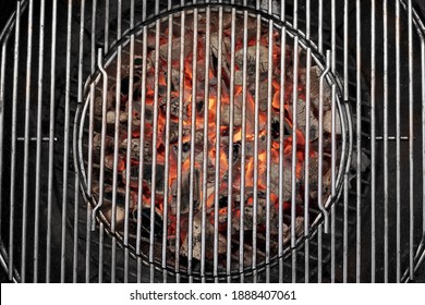 Kettle Grill Pit With Flaming Charcoal. Top View Of BBQ Hot Kettle Grill With Stainless Steel Grid, Isolated Background, Overhead View. Barbecue Kettle Grill On Backyard Ready Grilling Cookout Food. - Shutterstock ID 1888407061