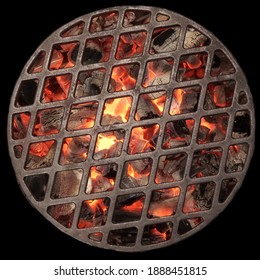 Kettle Grill Pit With Flaming Charcoal Isolated On Black. Top View Of BBQ Hot Kettle Grill With Cast Iron Grid, Overhead View. 