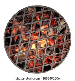 Kettle Grill Pit With Flaming Charcoal. Top View Of BBQ Hot Kettle Grill With Cast Iron Grid, Isolated Background, Overhead View. Barbecue Kettle Grill On Summer Backyard Ready Grilling Cookout Food.