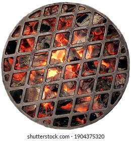 Kettle Grill Pit With Flaming Charcoal. Top View Of BBQ Hot  Grill With Cast Iron Grid, Isolated On White Background, Overhead View. 