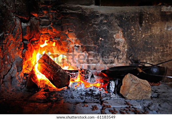 Kettle Old Bricked Fireplace Indoors Preparing Stock Photo Edit