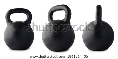 Kettlebell set view USSR cast iron black isolated on white background. Weight 2 pood, 72 pound, 32 kilogram.