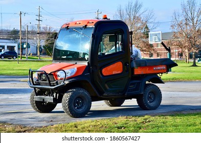 Keuka Park, New York, US- November 20, 2020: Kubota  RTV-X1100C  Full-size Diesel Utility Vehicle On Site, Providing Service At College Campus.