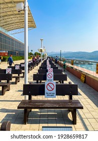 Kevadia, Gujarat, India- 20 Jan 2021: Empty Benches With Do Not Use This Spot Sign Amid Coronavirus At The Statue Of Unity