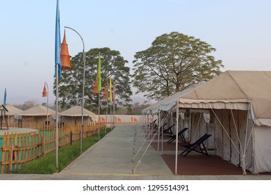 Kevadia, Gujarat / India - January 08 2019: A view of the exteriors of the tents at the Tent City Narmada in Kevadia.