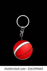 Key Chain Ring With Red Basketball  On A Blackk Background, Souvenir Key Chain With Mini Red Basketball  ,