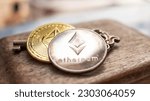 Key and digital money (ETH) Ethereum coin  In the ground. Cryptocurrency digital Concept  