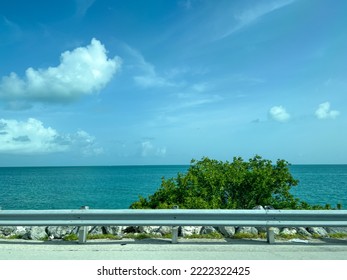 Key Largo, FL USA - August 8, 2022:  Driving on US 1 Overseas Highway to the Florida Keys.
