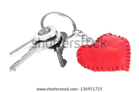 Key with leather trinket isolated on white