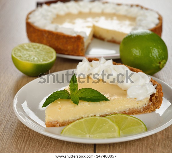 Key lime pie on a brown\
table