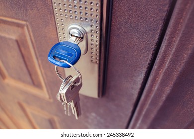 The Key In The Lock Of The Iron Door. Toned Image. 