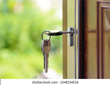 key lock with key on the door