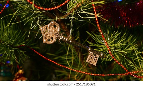 Key, new realty, realtor, key from house, home, golden key. Christmas tree toy decorations. New Year and Merry Christmas. Live christmas tree with garlands and toys. - Powered by Shutterstock