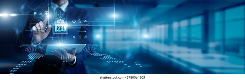 The Key performance indicator concept analyst touches the smart key performance indicator circuit board and measures data on screen productivity progress metrics evaluation business growth results.
