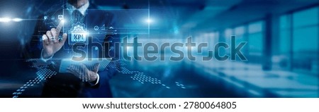 The Key performance indicator concept analyst touches the smart key performance indicator circuit board and measures data on screen productivity progress metrics evaluation business growth results.