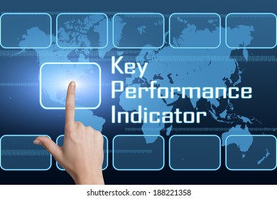 Key Performance Indicator concept with interface and world map on blue background