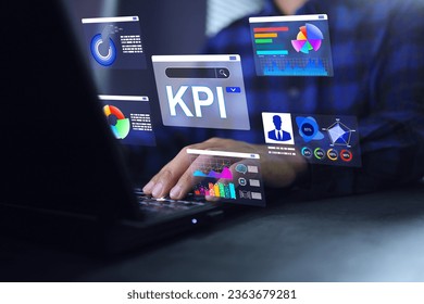 Key performance indicator KPI concept, Businessman working on laptop with data visualization performance chart analytic dashboard to analysis business intelligence BI measure personal competency
