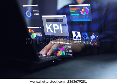 Key performance indicator KPI concept, Businessman working on laptop with data visualization performance chart analytic dashboard to analysis business intelligence BI measure personal competency