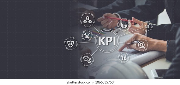 Key Performance Indicator (KPI) using Business Background with infographic versus planned target, person touching screen icon, success concept.