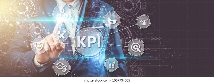 Key Performance Indicator (KPI) Using Business Background With Infographic Versus Planned Target, Person Touching Screen Icon, Success Concept.