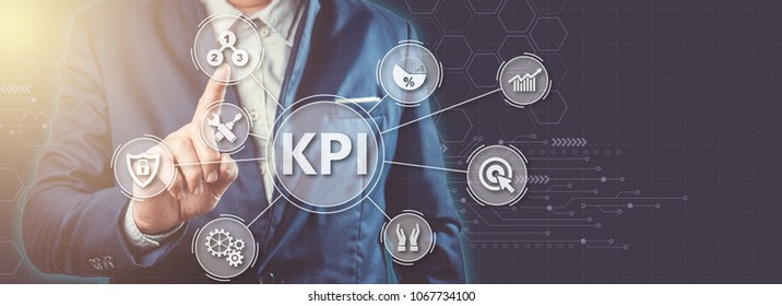 Key Performance Indicator (KPI) using Business Background with infographic versus planned target, person touching screen icon, success concept.