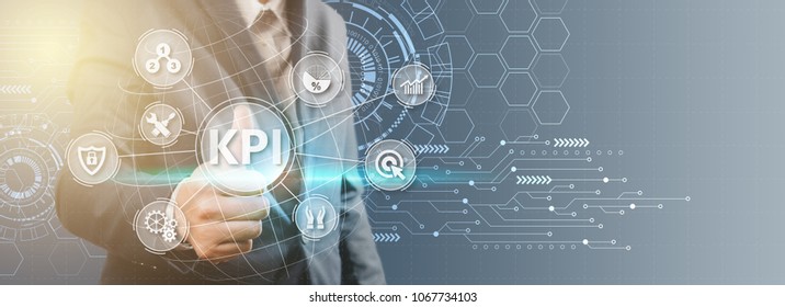 Key Performance Indicator (KPI) Using Business Background With Infographic Versus Planned Target, Person Touching Screen Icon, Success Concept.