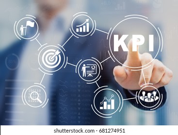 Key Performance Indicator (KPI) using Business Intelligence (BI) metrics to measure achievement versus planned target, person touching screen icon, success