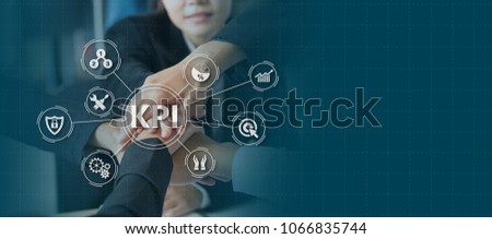 Key Performance Indicator (KPI) using Business Background with infographic versus planned target, person touching screen icon, success concept.