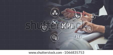 Key Performance Indicator (KPI) using Business Background with infographic versus planned target, person touching screen icon, success concept.