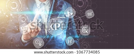 Key Performance Indicator (KPI) using Business Background with infographic versus planned target, person touching screen icon, success concept.