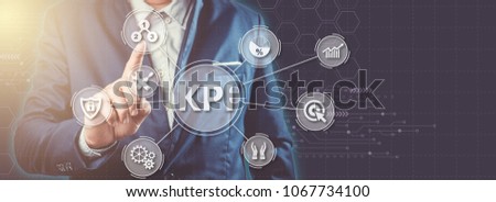 Key Performance Indicator (KPI) using Business Background with infographic versus planned target, person touching screen icon, success concept.